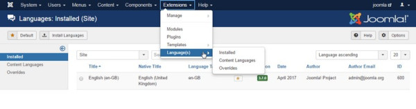 Languages Installed joomla Administration